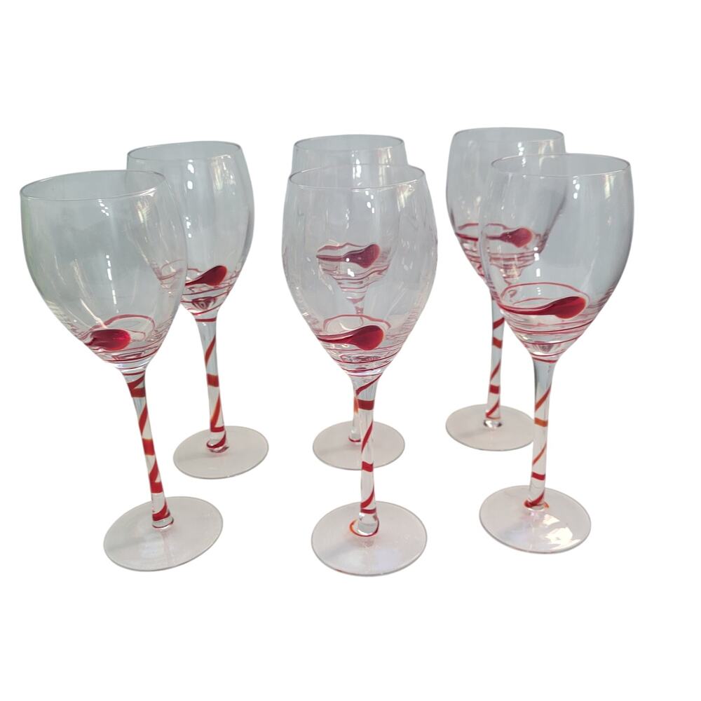 Vintage Pier 1 Lot of 6 Swirline Clear/ Red Hand Blown Wine Goblets 62626-1Box7